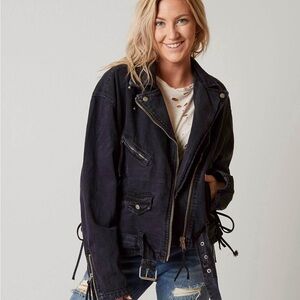 Free People Rebel Denim Jean Moto Jacket Black